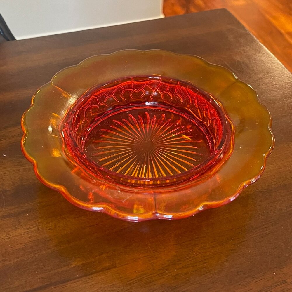 Vintage Amber Glass Red Orange Candy Dish Bottom